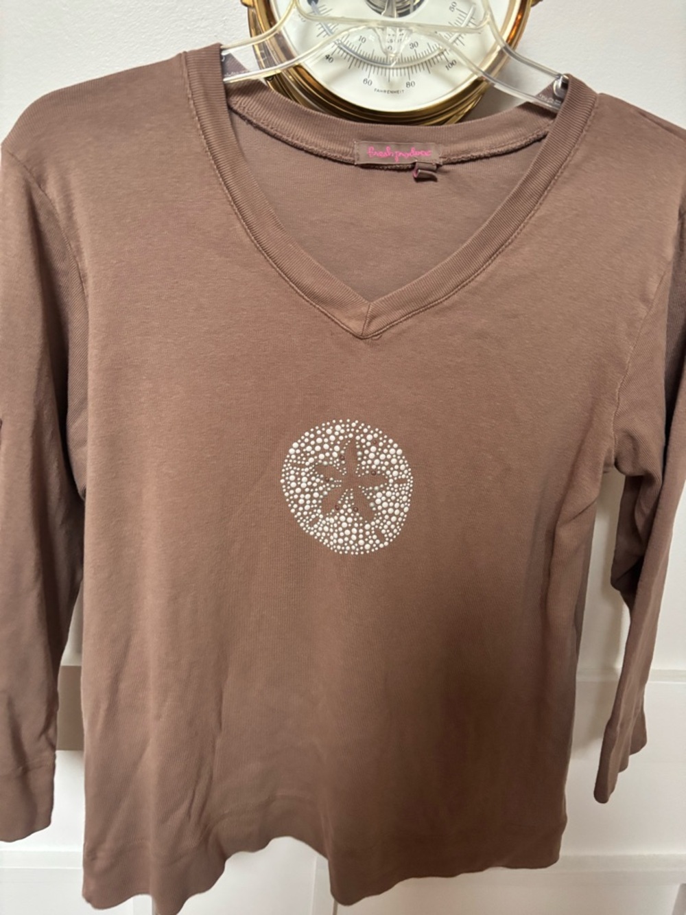 fresh produce Brown V-Neck Long Sleeve Tee with Rhinestone Sand Dollar